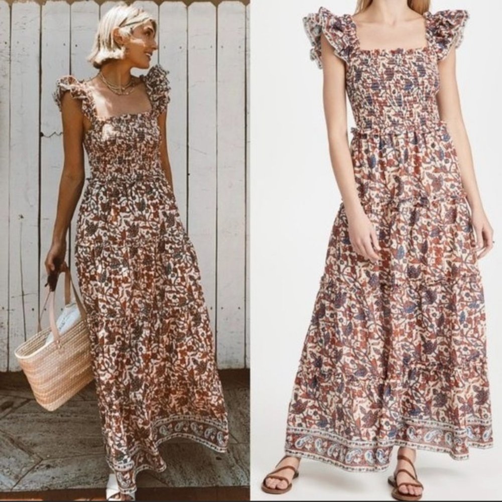 Love The Label Smocked Bust Tiered Maxi Dress in Mable Rust Turquoise Size Small